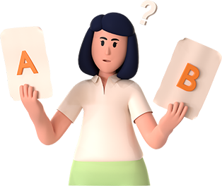 3D illustration of a woman holding answer cards
