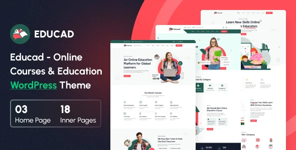 Educad Online Courses and Education WordPress theme preview showing 3 home pages and 18 inner pages