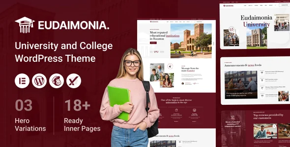 Eudaimonia University and College WordPress theme preview with a student holding books and campus page layouts