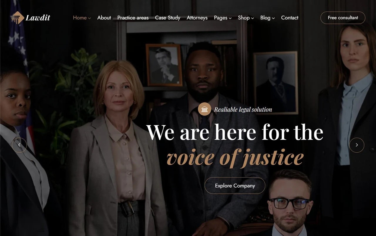 Lawdit law firm WordPress theme demo homepage with a navigation bar, a Free consultant button and the headline We are here for the voice of justice