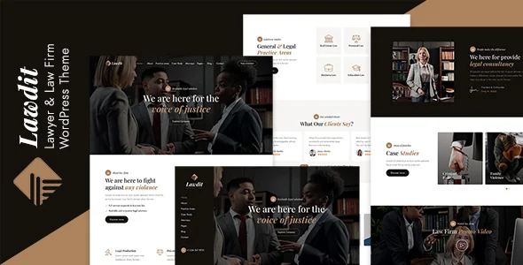 Lawdit Lawyer and Law Firm WordPress theme preview showing several dark and light page layouts