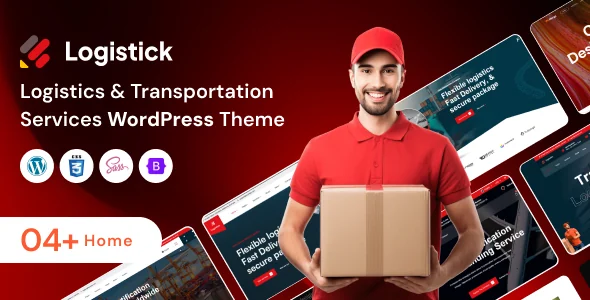 Logistick Logistics and Transportation WordPress theme preview with a delivery worker holding a parcel