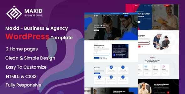 Maxid Business and Agency WordPress theme preview showing homepage layouts and a purple agency hero
