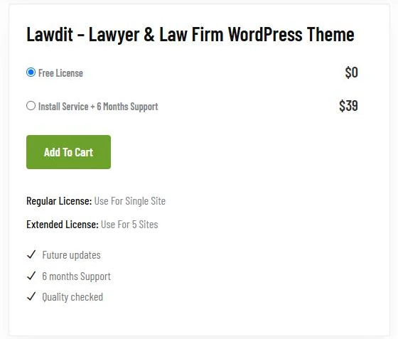 Shtheme product page purchase box for Lawdit showing Free License 0 dollars and Install Service plus 6 Months Support 39 dollars
