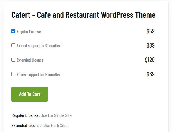 Cafert purchase box on Shtheme: Regular License $59, Extended License $129 and support options; Regular covers one site, Extended five sites
