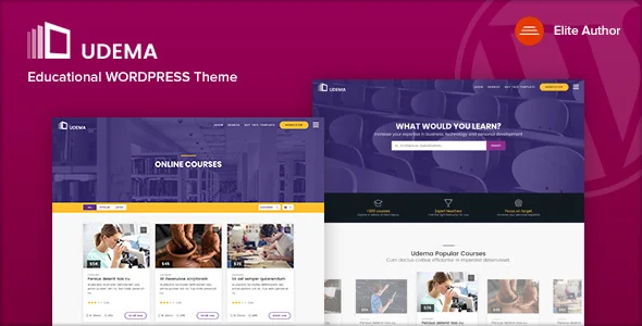 UDEMA Educational WordPress theme preview with course listing pages on a purple background