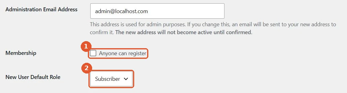 WordPress General Settings showing the Administration Email Address, the Anyone can register checkbox unchecked and New User Default Role set to Subscriber