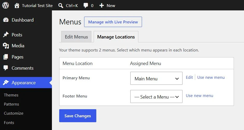 WordPress Manage Locations tab showing Primary Menu assigned to Main Menu and Footer Menu not assigned