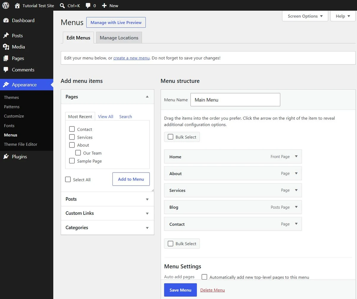 WordPress Menus screen with the Add menu items panel on the left and a Main Menu containing Home, About, Services, Blog and Contact on the right