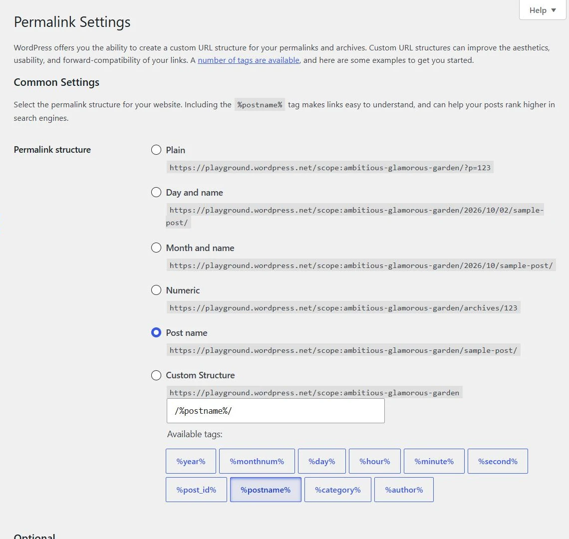 WordPress Permalink Settings with the Post name structure selected and the custom structure field showing slash percent postname percent slash