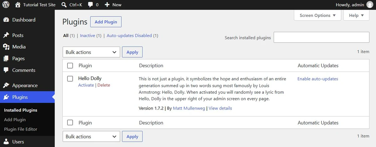 WordPress Plugins screen with the Hello Dolly plugin and an Enable auto-updates link in the Automatic Updates column