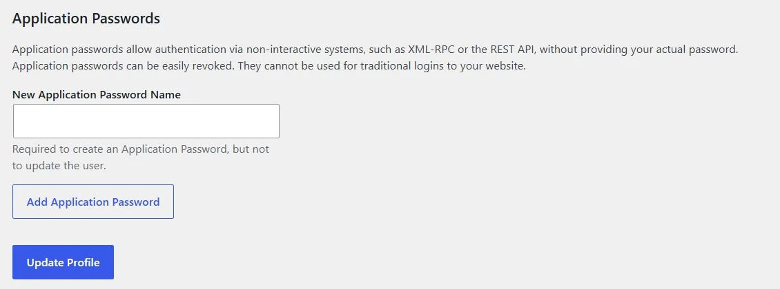 WordPress user profile Application Passwords section with a field for a new application password name and an Add Application Password button