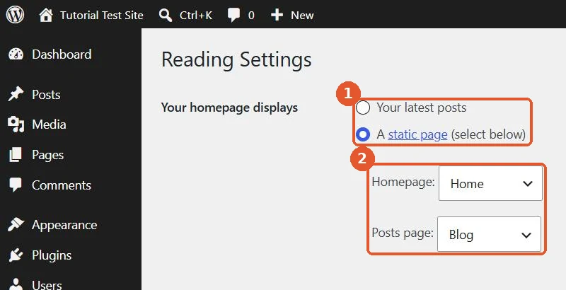WordPress Reading Settings with A static page selected, Homepage set to Home and Posts page set to Blog