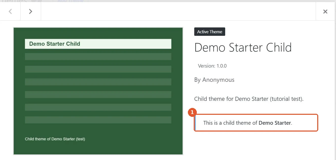 WordPress theme details overlay for Demo Starter Child showing Active Theme, version 1.0.0 and the notice This is a child theme of Demo Starter