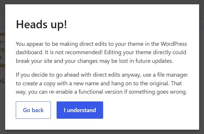 WordPress Heads up warning dialog explaining that editing a theme directly in the dashboard is not recommended, with Go back and I understand buttons