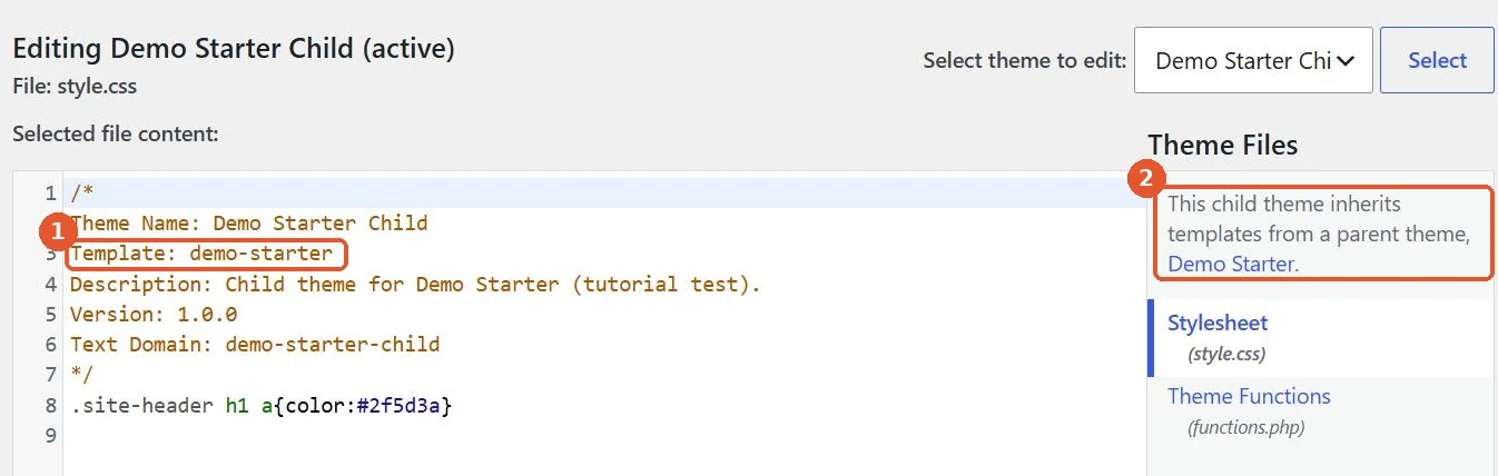 WordPress Theme File Editor showing the child theme style.css header with Template: demo-starter and a note that the child theme inherits templates from Demo Starter