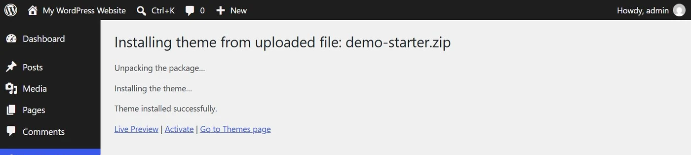 WordPress result screen showing Theme installed successfully with Live Preview, Activate and Go to Themes page links