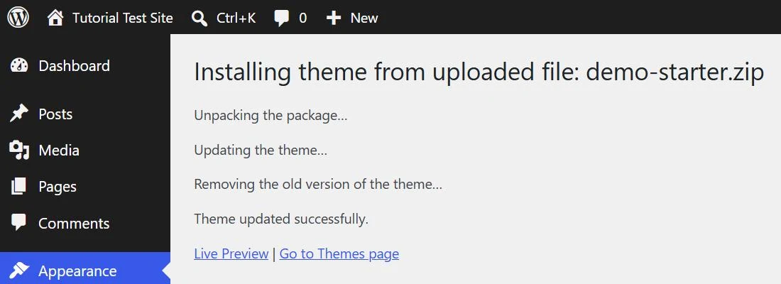 WordPress result screen with Updating the theme, Removing the old version of the theme and Theme updated successfully