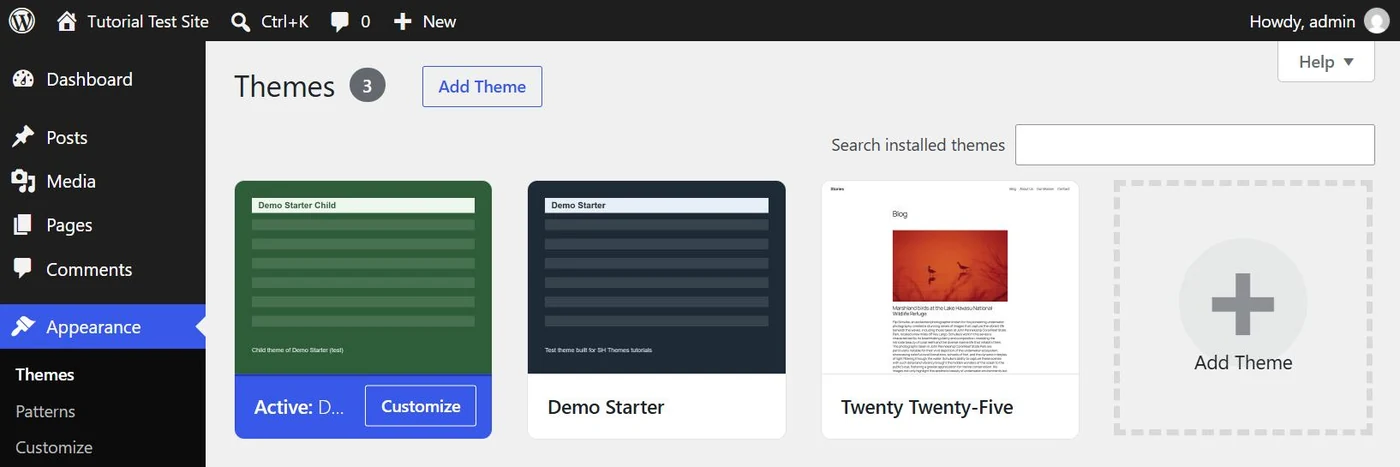 WordPress Themes screen with Demo Starter Child active and the parent theme Demo Starter and Twenty Twenty-Five installed