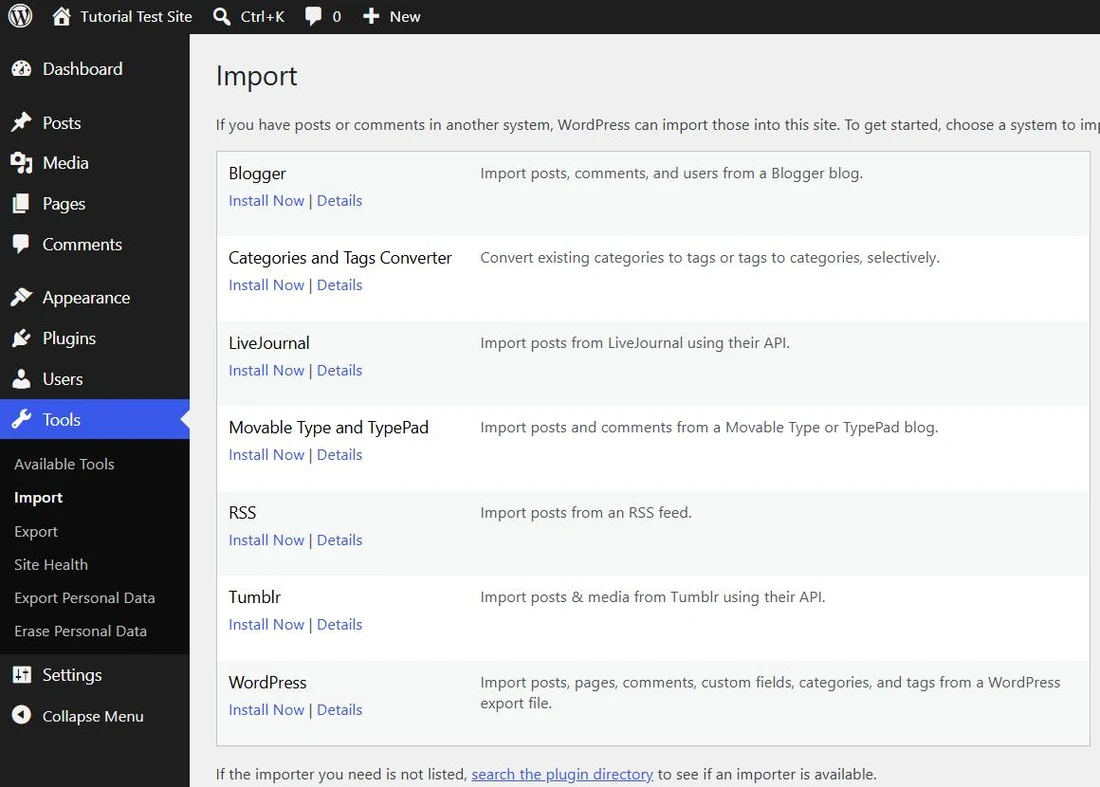 WordPress Tools Import screen listing importers including Blogger, RSS, Tumblr and WordPress with Install Now links
