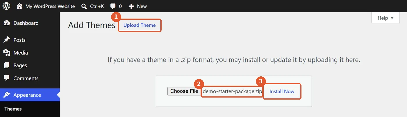WordPress Add Themes screen with the Upload Theme panel open, the file demo-starter-package.zip selected and the Install Now button highlighted